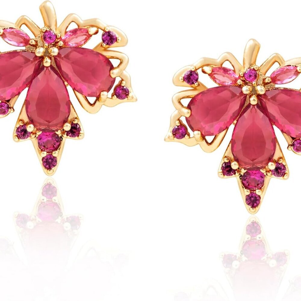 Hot Pink Fall Maple Leaf CZ Stud Earrings Sparkly 14K Gold Finish